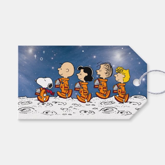 Étiquettes-cadeau Célébration d'anniversaire dans l'espace de Peanut (Devant (Horizontal))