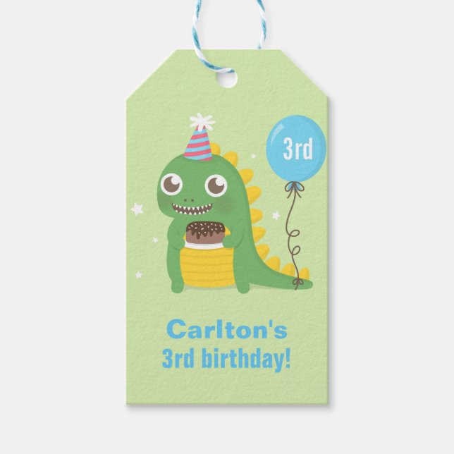 Étiquettes-cadeau Célébrations d'anniversaire de dinosaure vert mign (Devant)