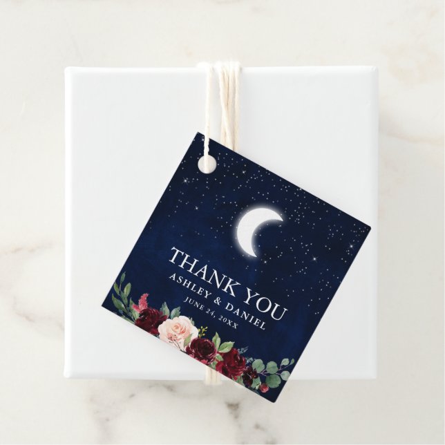 Étiquettes Cadeau Céleste Mariage Blue Sky Moon Stars Floral (En situation)