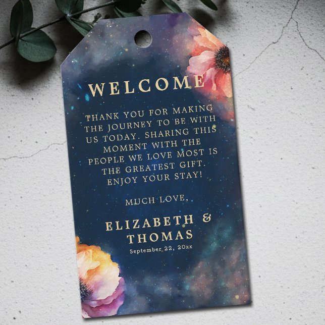 Étiquettes-cadeau Celestial Floral Galaxy Starry Night Blue Wedding (celestial floral galaxy wedding gift tag watercolor navy blue starry night written in the stars)