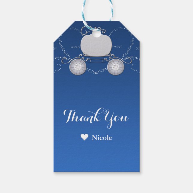Étiquettes-cadeau Cendrillon Carrosse Citrouille Pailleté Bleu et Ar (Devant)