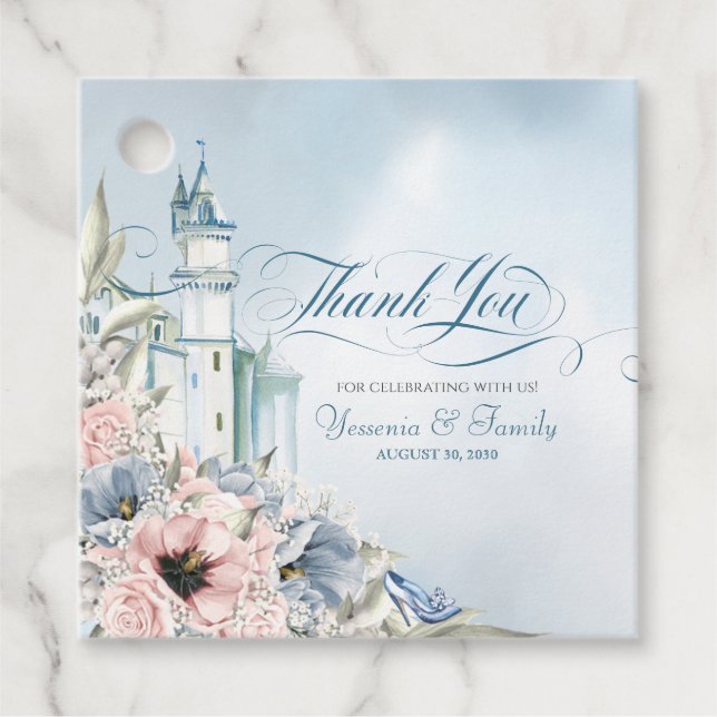 Étiquettes Cadeau Cendrillon Fairy Tale Bleu clair Merci rose (Devant)
