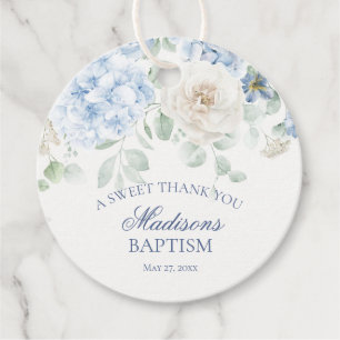 Étiquettes Cadeau Cercle Baptême Floral Bleu Hydrangea Bloom
