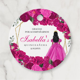 Étiquettes Cadeau Cercle de Quinceanera florale rose et or Fuchsia