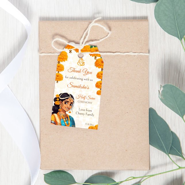 Étiquettes-cadeau Cérémonie de la demi-Saree mignonne fille indienne (Half Saree ceremony cute Indian girl favor Gift Tags marigolds favor tags)