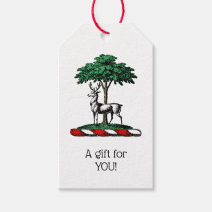 Étiquettes-cadeau Cerf Daim devant un Arbre Emblème de Blason Crête