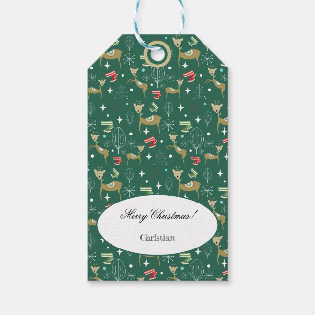 Étiquettes-cadeau Cerf mignon aux arbres de Noël et flocons de neige (Devant)