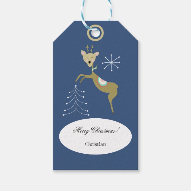 Étiquettes-cadeau Cerf mignon aux arbres de Noël et flocons de neige (Devant)
