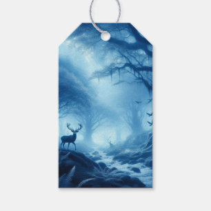 Étiquettes-cadeau Cerfs dans une forêt sombre de brume bleue