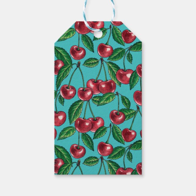 Étiquettes-cadeau Cerises rouges sur turquoise (Devant)