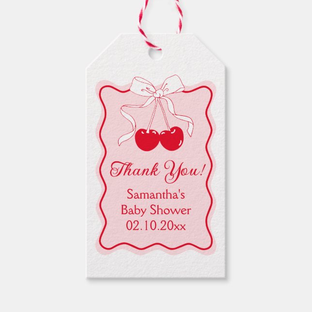 Étiquettes-cadeau Cerisier Bow Rose Rouge Sur Le Baby shower Supérie (Devant)