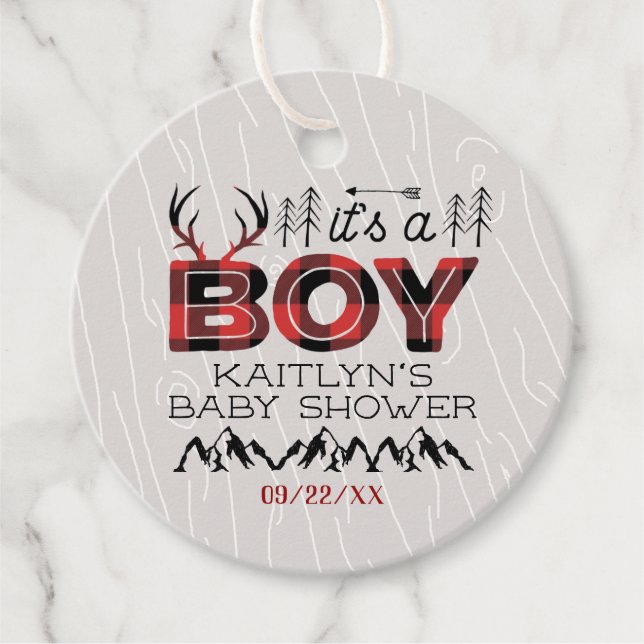 Étiquettes Cadeau C'est un garçon ! Baby shower de bûcheron rustique (Devant)
