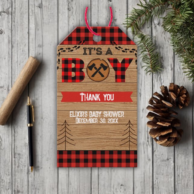 Étiquettes-cadeau C'est un garçon Baby shower rustique en bois (Créateur téléchargé)