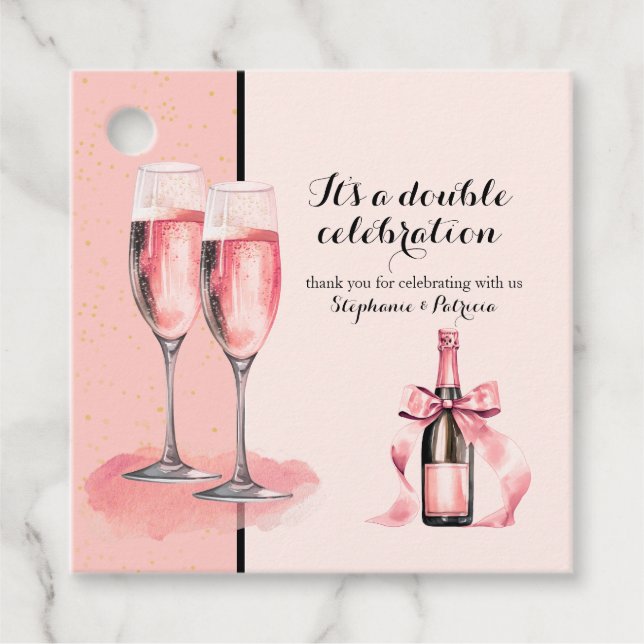 Étiquettes Cadeau C'est une double fête Champagne Rose Anniversaire (Devant)