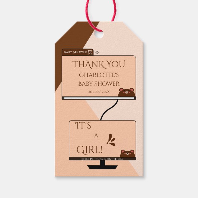 Étiquettes-cadeau C'est une fille ! Ours mignon Écran d'ordinateur B (Devant)