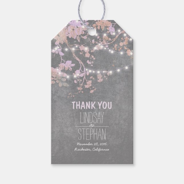 Étiquettes-cadeau Chaîne de jardin rustique Lumières Branches Mariag (Devant)