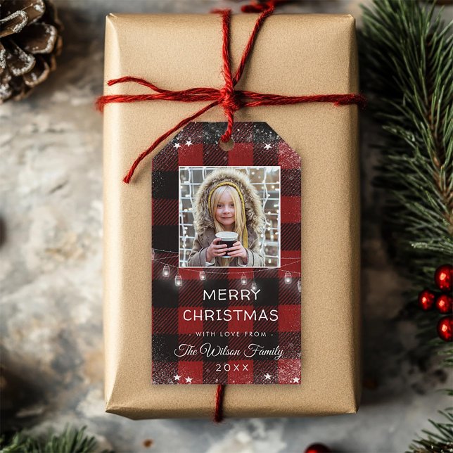 Étiquettes-cadeau Chaîne rustique éclaire la neige Flake Rouge Plaid (Créateur téléchargé)