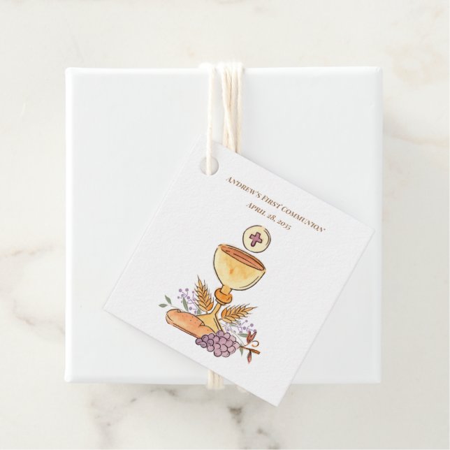 Étiquettes Cadeau Chalice de la première communion, raisins, blé (En situation)