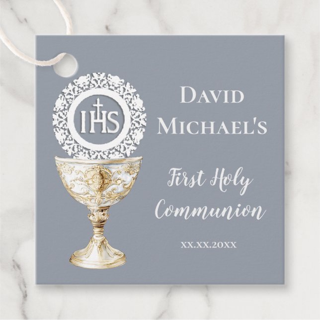 Étiquettes Cadeau Chalice Host First Communion blue background (Devant)