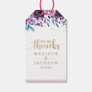 Étiquettes-cadeau Champagne Floral Violet Or Mariage Amour & Merci
