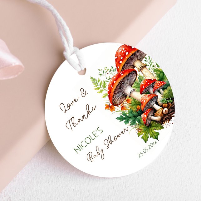 Étiquettes Cadeau Champignons de la forêt sauvage baby shower merci (Wild forest red mushrooms green fern baby shower thank you favor tags personalized favor tags)