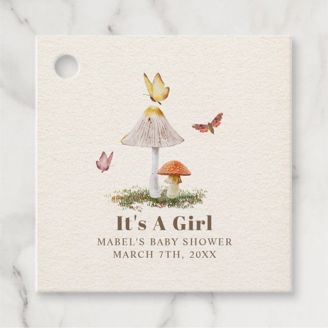 Étiquettes Cadeau Champignons Papillons Baby shower de fille Woodlan (Devant)
