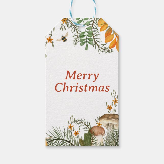 Étiquettes-cadeau Champignons rustiques de forêt d'hiver Joyeux Noël (Devant)