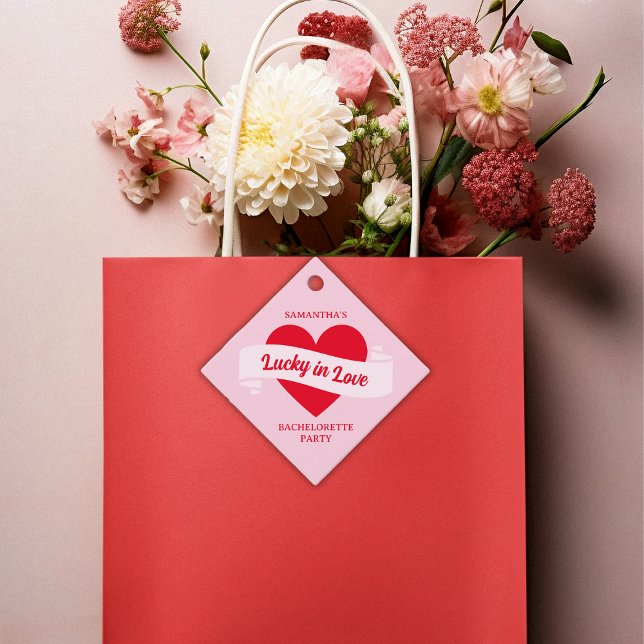 Étiquettes Cadeau Chanceuse Amoureuse Élégante Cœur Rose & Rouge Ent (Lucky In Love Heart Chic Pink & Red Bachelorette Favor Tags)
