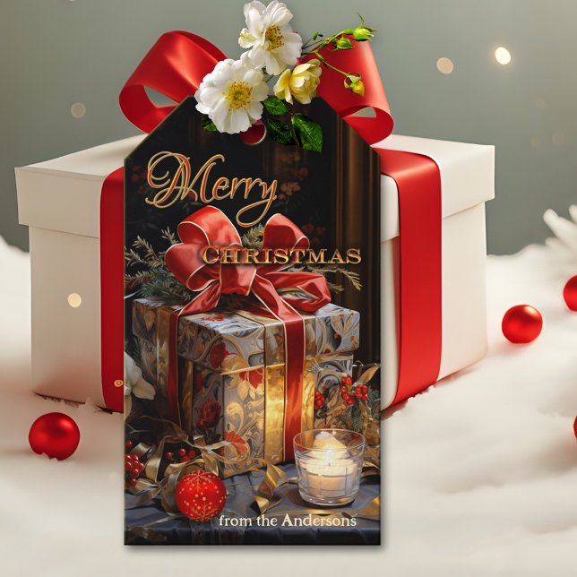 Étiquettes-cadeau Chandelle classique Festive Lumière Joyeux Noël (Classic Christmas gift tag featuring a festive wrapped gift, warmly lit by candle light.)