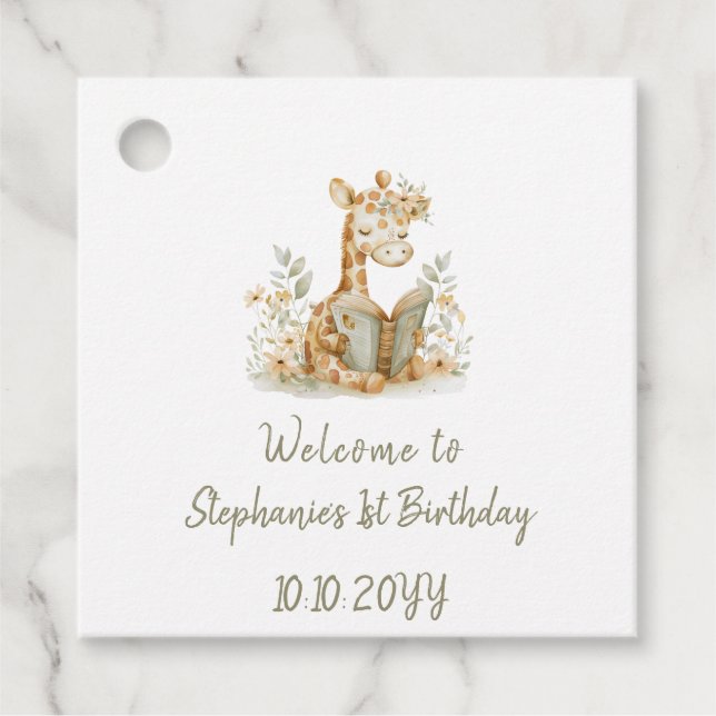 Étiquettes Cadeau Chapitre Un Girafe avec Livre 1er Anniversaire fêt (Devant)
