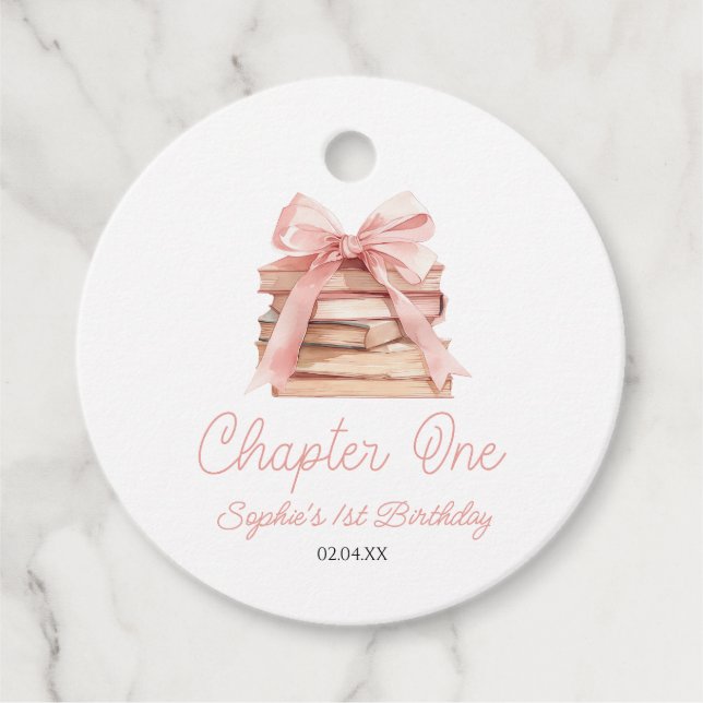 Étiquettes Cadeau Chapter One Pink Bow Books 1st Birthday Party (Devant)