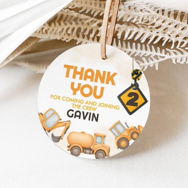 Étiquettes Cadeau Chariot de construction 2e fête d'anniversaire ron (Construction 2nd Birthday Party Round Favor Tags)