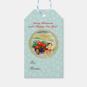 Étiquettes-cadeau Chariot de fleurs et rennes de Noël vintage adorab