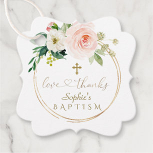 Étiquettes Cadeau Charm rose Floral Gold Cross Calligraphie Baptême