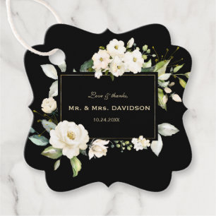 Étiquettes Cadeau Charme Aquarelle Fleurs Blanches Or Mariage Noir