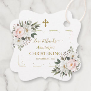 Étiquettes Cadeau Charme blanc rose floral or Confetti Christening