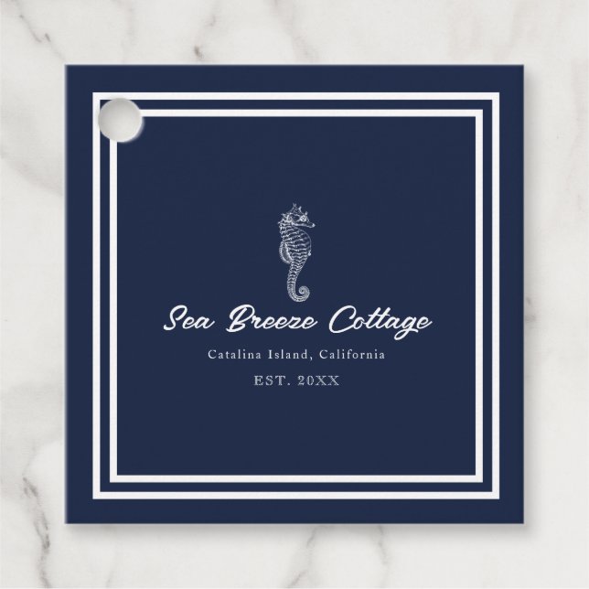 Étiquettes Cadeau Charme côtier : Hippocampe nautique bleu et blanc (Devant)