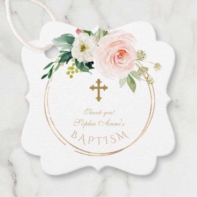 Étiquettes Cadeau Charme Fleurs Blanches Fleur Fleur Or Croix Baptêm (Devant)
