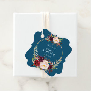 Étiquettes Cadeau Charme Fleurs Rouge-Bourgogne Blush Or Bleu Baptêm