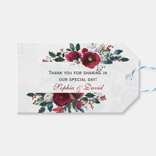Étiquettes-cadeau Charme Hiver Bourgogne Floral Pine Frame Mariage (Devant (Horizontal))