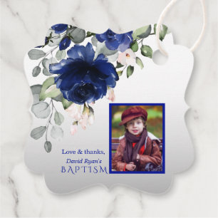 Étiquettes Cadeau Charme Marine Fleurs Bleues Garçon Photo Baptême