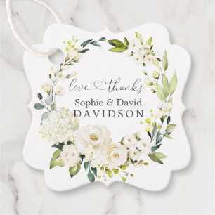 Étiquettes Cadeau Charme Roses Blanches Hydrangea Calligraphie Maria