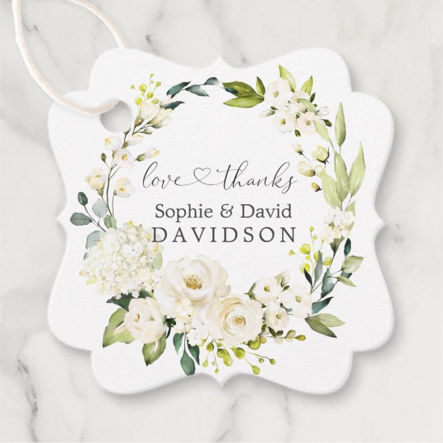 Étiquettes Cadeau Charme Roses Blanches Hydrangea Calligraphie Maria (Devant)