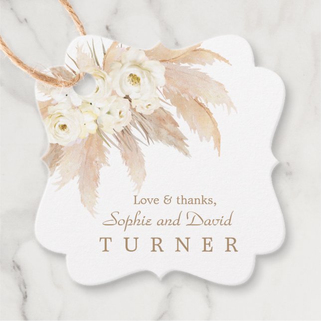 Étiquettes Cadeau Charme Roses Blanches Pampas Grass Mariage Or (Devant)