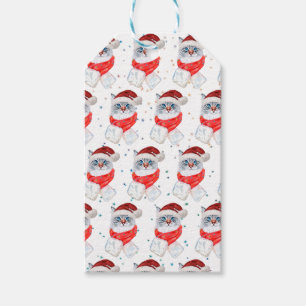Étiquettes-cadeau Chat argenté et blanc de Noël avec chapeau de Père