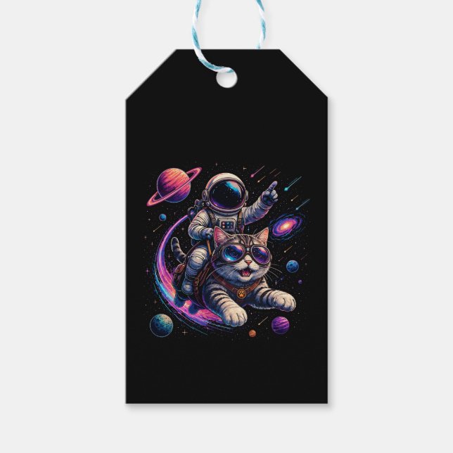 Étiquettes-cadeau Chat astronaute chevauchant à travers l'espace (Devant)