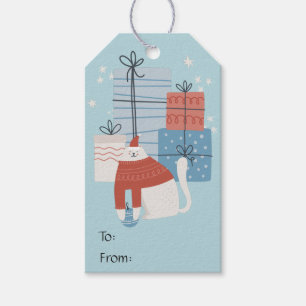 Étiquettes-cadeau Chat blanc chandail rouge présente cadeaux ornemen