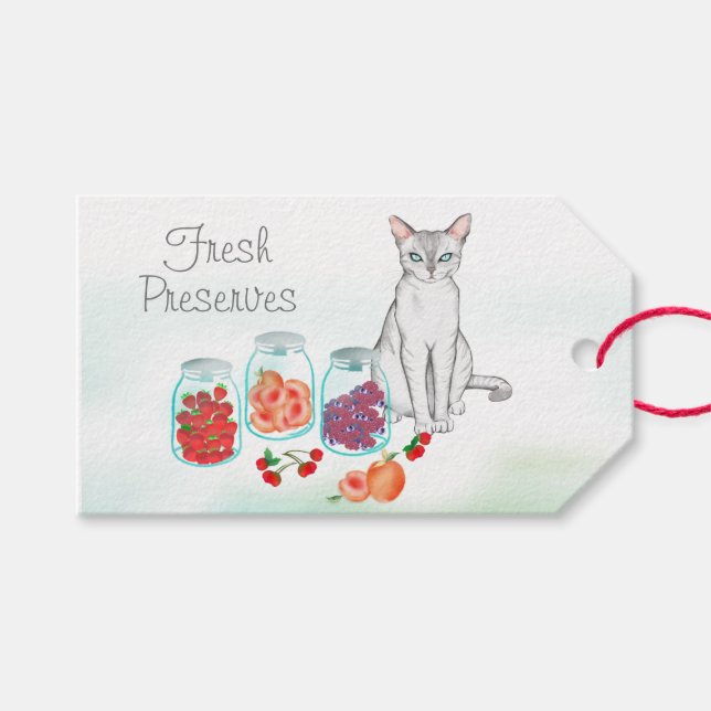 Étiquettes-cadeau Chat blanc élégant avec des réserves de fruits fra (Devant (Horizontal))