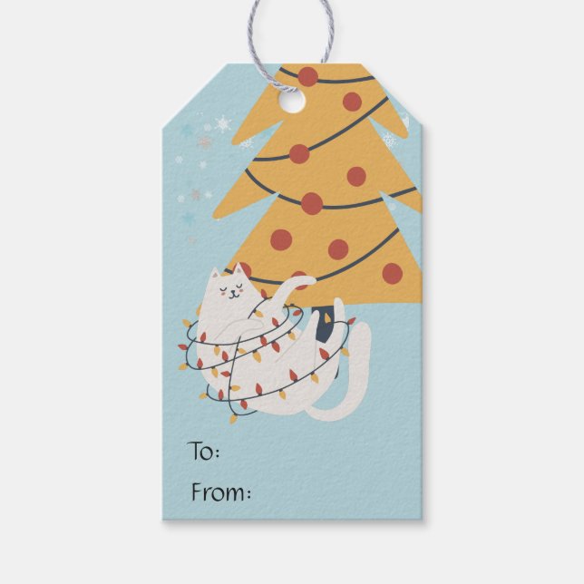 Étiquettes-cadeau Chat blanc enveloppé de lumières rouges des arbres (Devant)