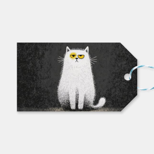Étiquettes-cadeau Chat Blanc Grognon – Drôle d'Art Minimal de Chat (Devant (Horizontal))